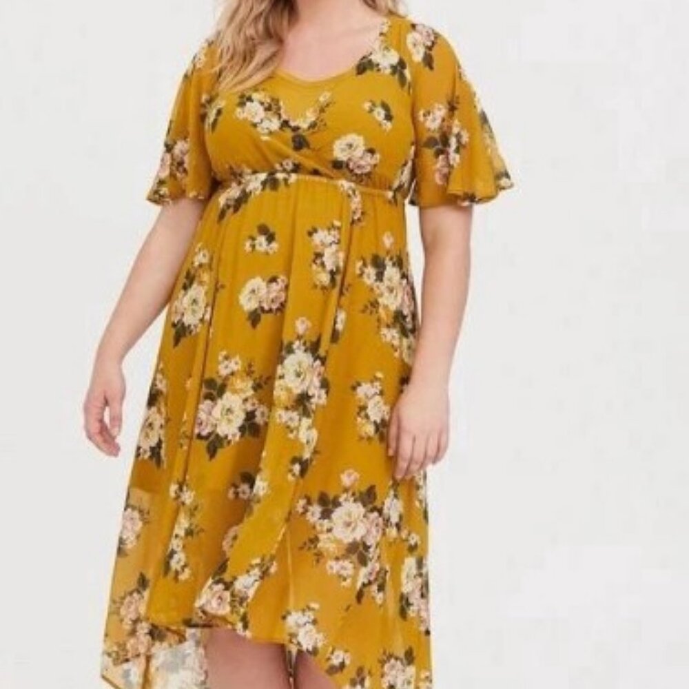 Torrid Midi/Maxi High Low Floral Chiffon Spring Summer Dress Size 2 Yellow